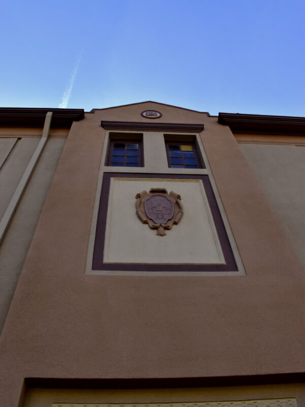 Looking up at the school building.